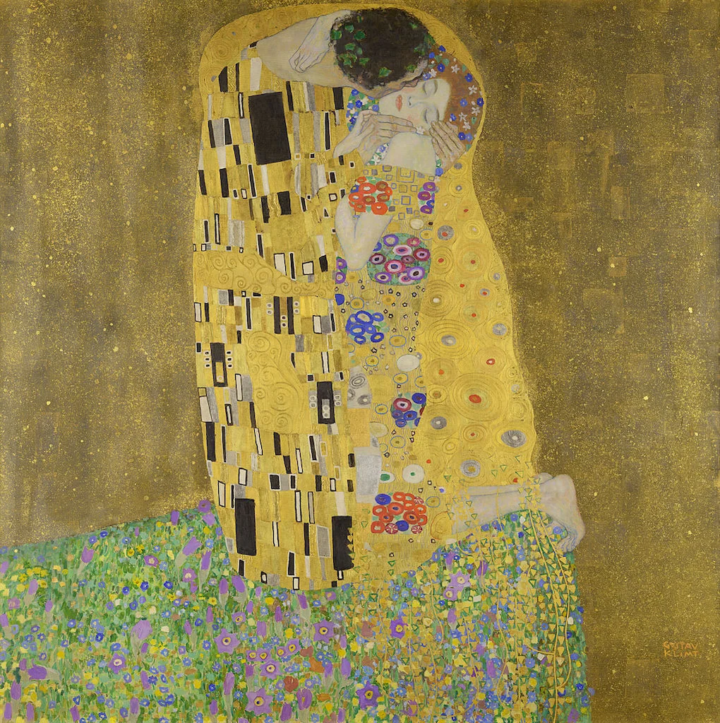 The Kiss (Der Kuß) by Gustav Klimt, a lovers' embrace, Oil, silver and gold plating on canvas.